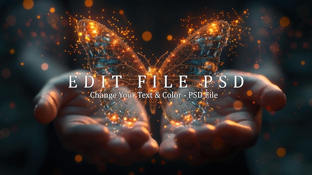 PSD a digital abstract butterfly flies from businessman hands