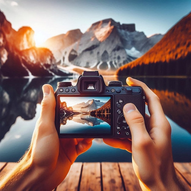 A digital camera with the words photo of a mountain day