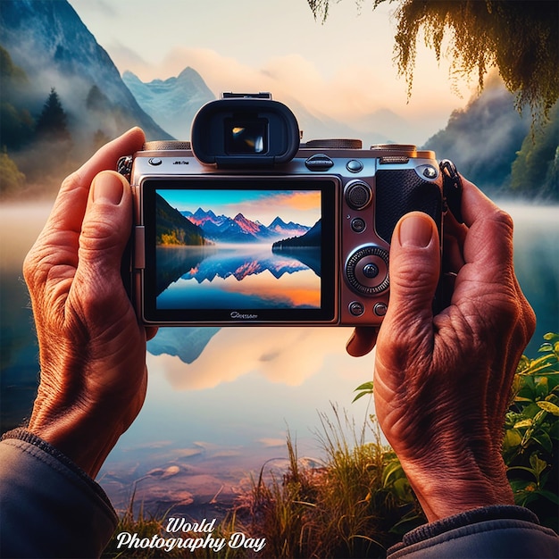 A digital camera with the words photo of a mountain day