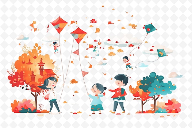 a digital illustration of people flying kites in a park