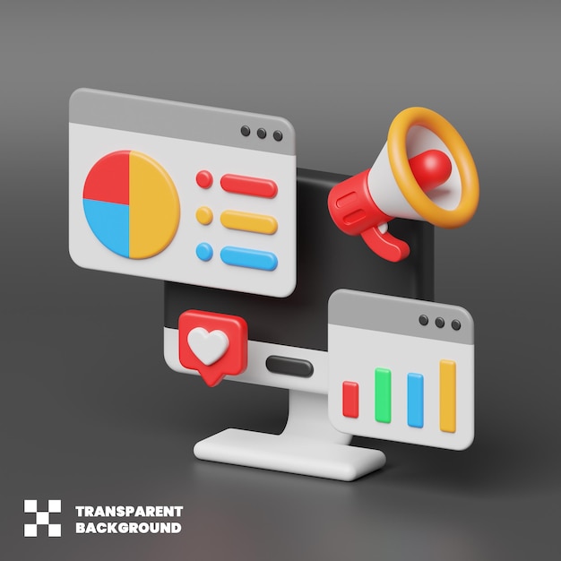 Digital Marketing Concept Illustration With Megaphone Monitor And Charts In Minimalist 3D Render