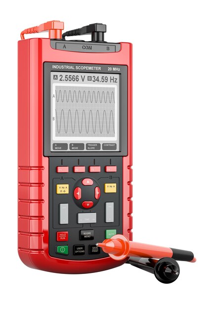 PSD digital oscilloscope industrial scopemeter red color 3d rendering isolated on transparent background