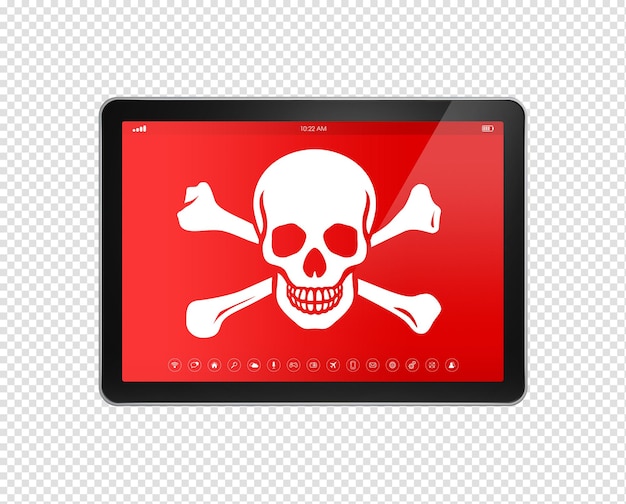 Digital tablet PC with a pirate symbol on screen Hacking concept