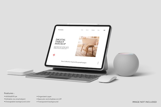 Digital tablet pro psd with magic keyboard mockup