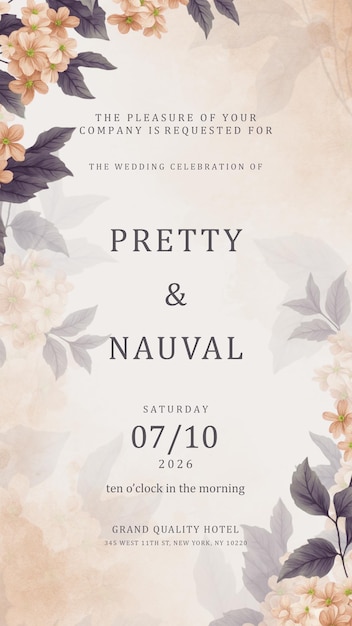 PSD digital wedding invitation template with flowers