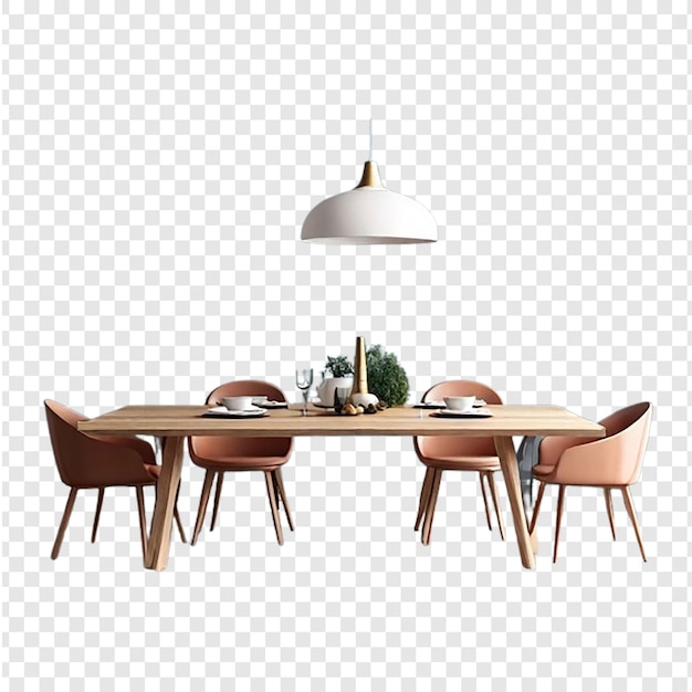 a dining room table with chairs and a lamp