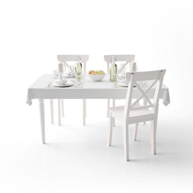 Dining table mockup with white cloth and modern chairs