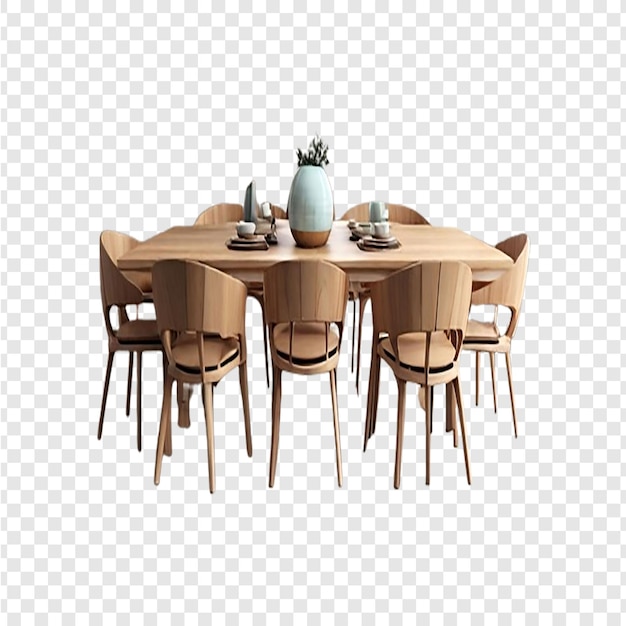 a dining table with a blue vase on it