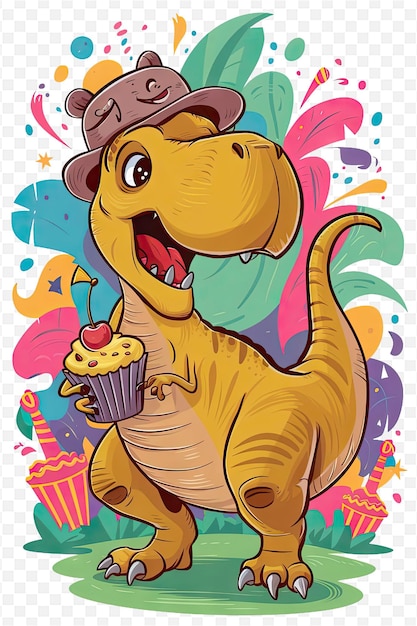 PSD a dinosaur with a hat on it and a cupcake with a birthday cake in the background