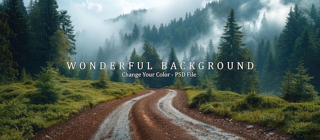 PSD dirt road winding through lush green forest with fog and mist in the mountains scenic landscape of nature on a cloudy day