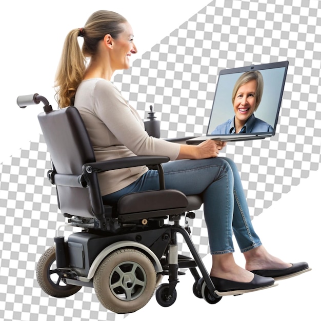 PSD disabled young woman sitting on wheelchair using laptop