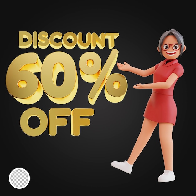 Discount Off With Woman Character 3d illustration