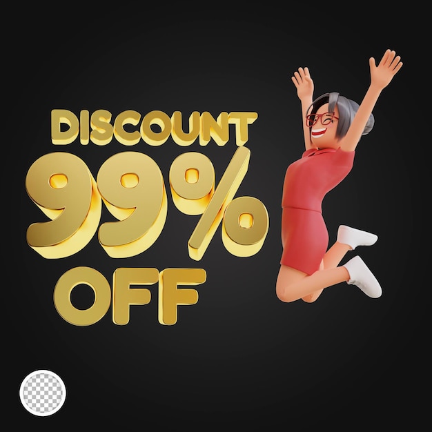 Discount Off With Woman Character 3d illustration