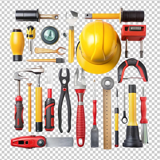 A display of different tools including a hard hat a yellow helmet and a hard hat