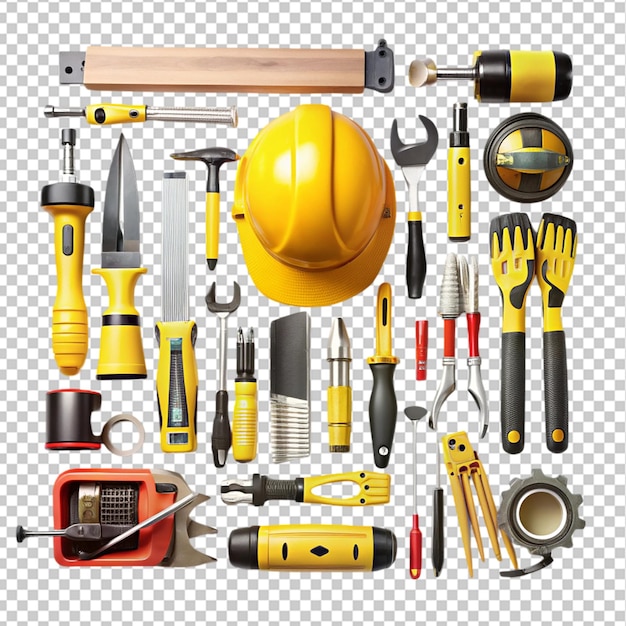 PSD a display of different tools including a hard hat a yellow helmet and a hard hat