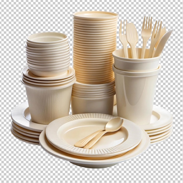 PSD disposable tableware plates cups and forks transparent background