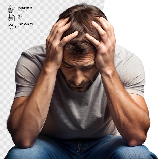 Distressed Man Sitting With Hands on Head Against Translucent Background