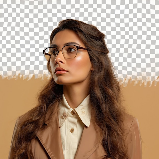 PSD a distrustful adult woman with long hair from the west asian ethnicity dressed in digital marketer attire poses in a eyes looking over glasses style against a pastel beige background