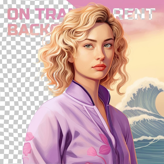 PSD a distrustful young adult woman with blonde hair from the mongolic ethnicity dressed in surfing waves attire poses in a casual hair tug style against a pastel lavender background