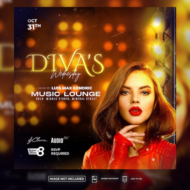 Diva Wednesday Party Or After Work Party Or Night Club Party Event Flyer Or Social Media Post Template