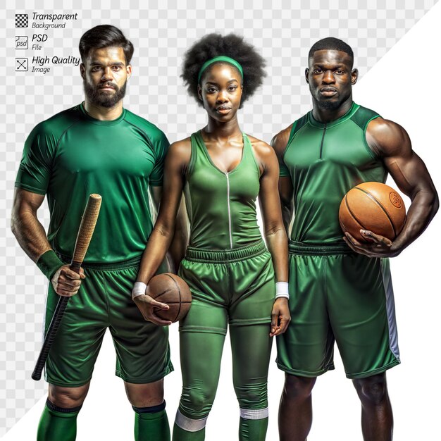 PSD diverse athletes showcasing sports unity on transparent background