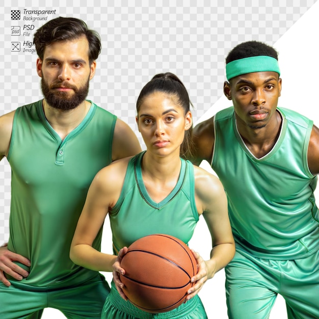 Diverse basketball team posing with ball on transparent background