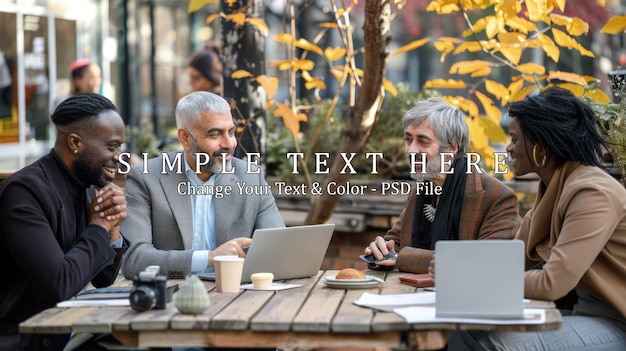 PSD diverse group of people having a meeting at a cafe