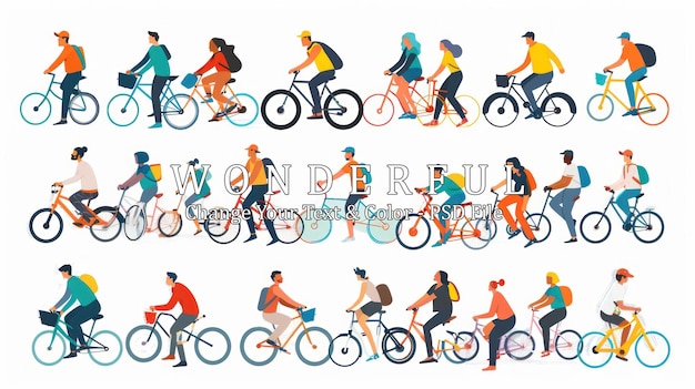 PSD diverse group of people riding bicycles illustration