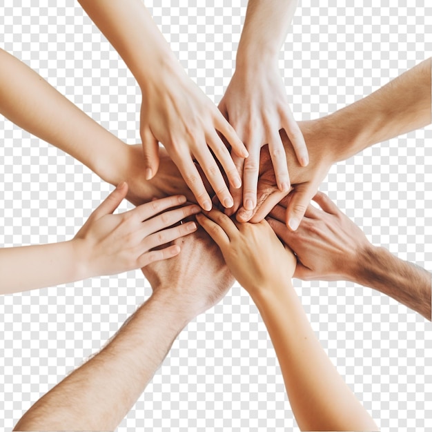 PSD diverse hands coming together in unity on a transparent background