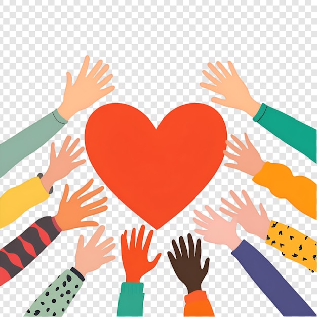 PSD diverse hands reaching towards a heart illustration on a transparent background