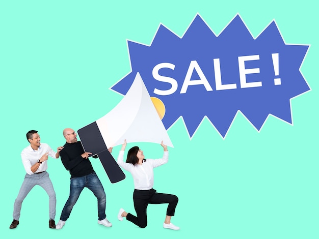 PSD diverse people announcing a sale promotion