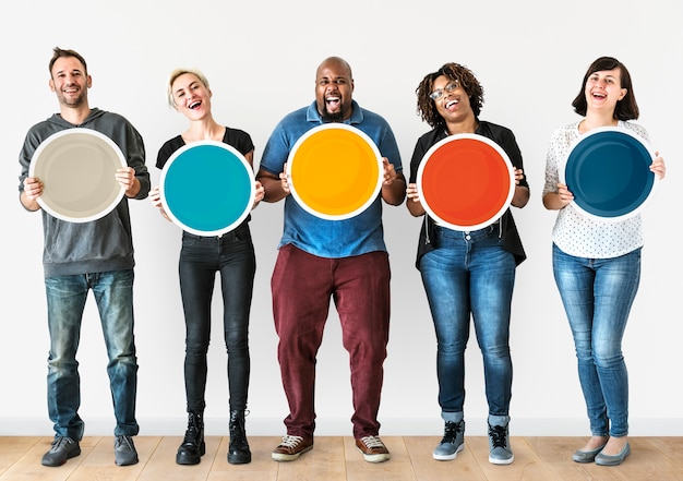 PSD diverse people holding blank round board