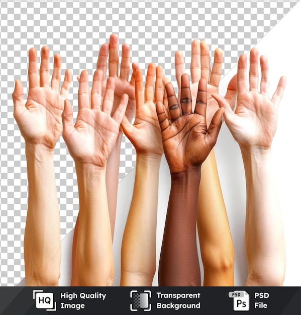 PSD diverse raised hands set isolated on transparent background