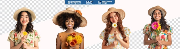 Diverse set of joyful women with flowers