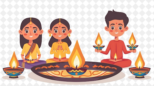 Diwali Celebration With Characters Lighting Oil Lamps Design PNG Festival 2D Flat Art Illustrations