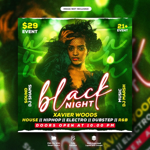 Dj club ladies black night party flyer and social media post template