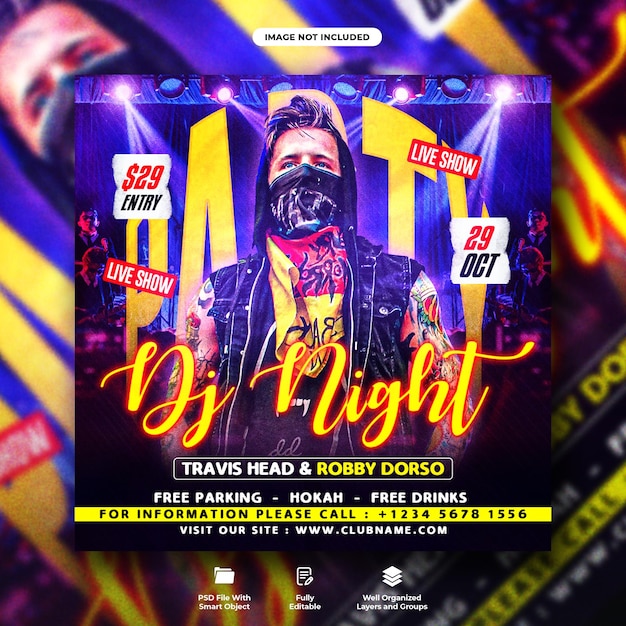 Dj club night party flyer and social media web banner template