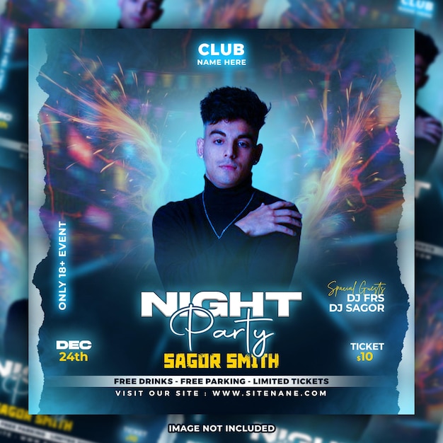 PSD dj club night party flyer and social media web banner template