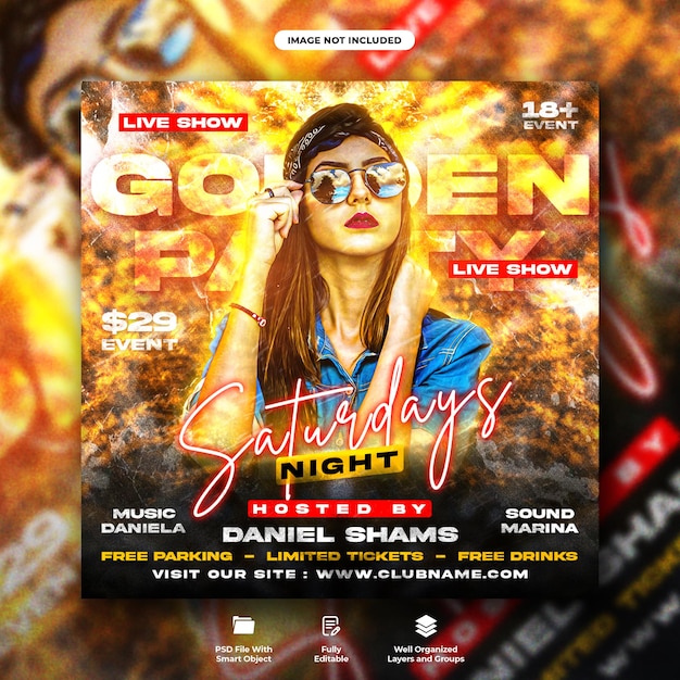 Dj club saturday night party flyer and social media post template