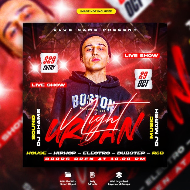 Dj club urban night party flyer and social media post template