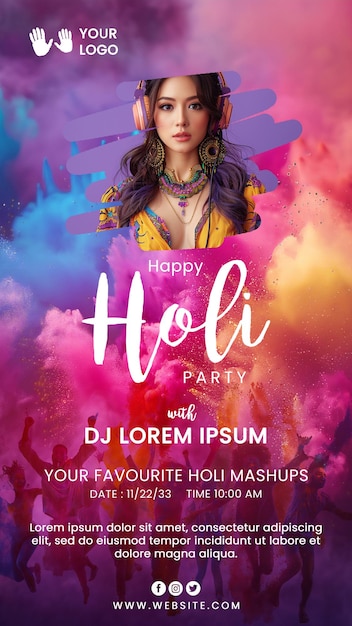 PSD dj party story post for happy holi festival card design for holi festival