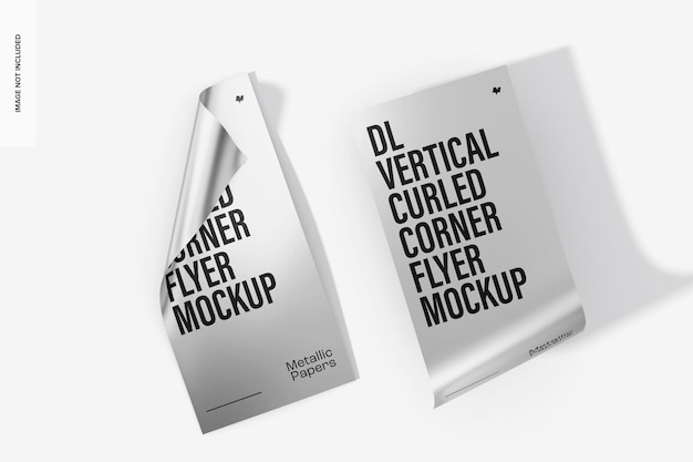 DL Vertical Metallic Curled Corner Flyers Mockup, Top View