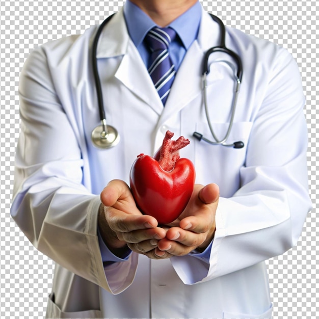 PSD doctor hand holding heart model transplant background