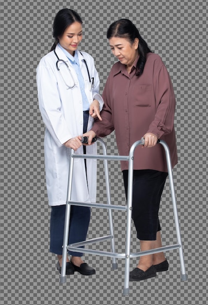 Doctor is helping Senior Elderly Asian Woman uses Aluminium Zimmer frame walker to support during rehabilitation to recovery. Full length isolated white backgrounds