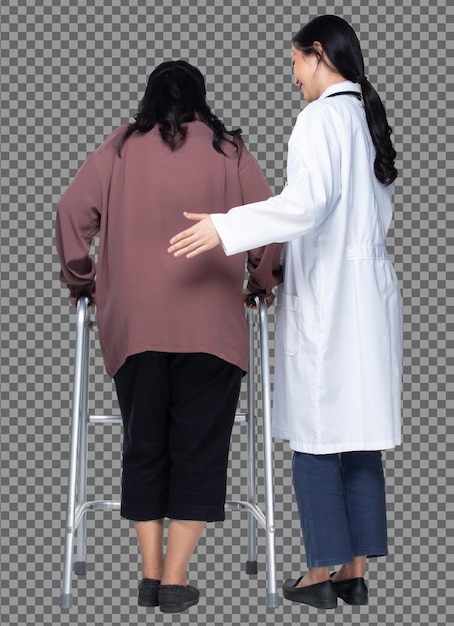 Doctor is helping Senior Elderly Asian Woman uses Aluminium Zimmer frame walker to support during rehabilitation to recovery. Full length isolated white backgrounds