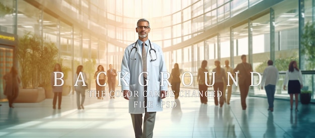 doctor walking luxury hospital building background