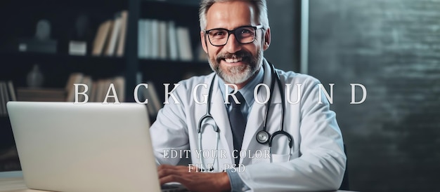 PSD a doctor wearing glasses smiling kindly sits in the office