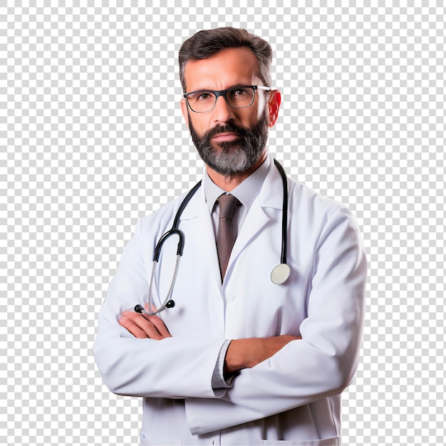 A doctor with a beard and glasses standing with his arms crossed, a man wearing a white coat and glasses