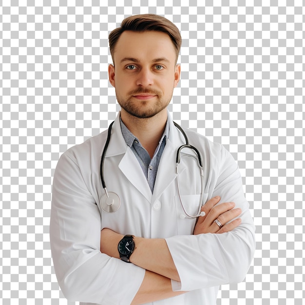 PSD a doctor with a stethoscope on his neck stands in front of a cross - shaped object