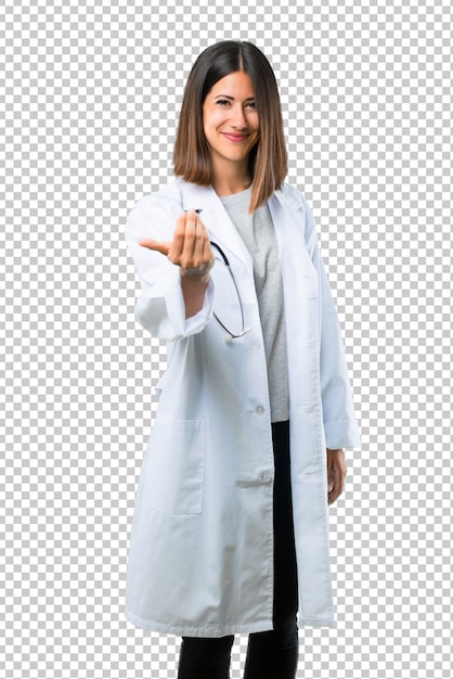 Doctor woman with stethoscope presenting and inviting to come with hand. Happy that you came